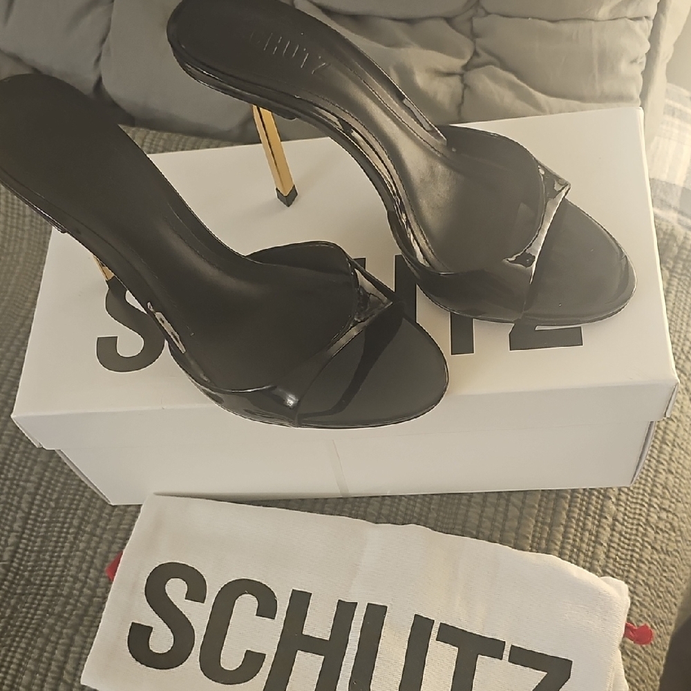 Schutz Black and Gold Heeled Mules Brand New